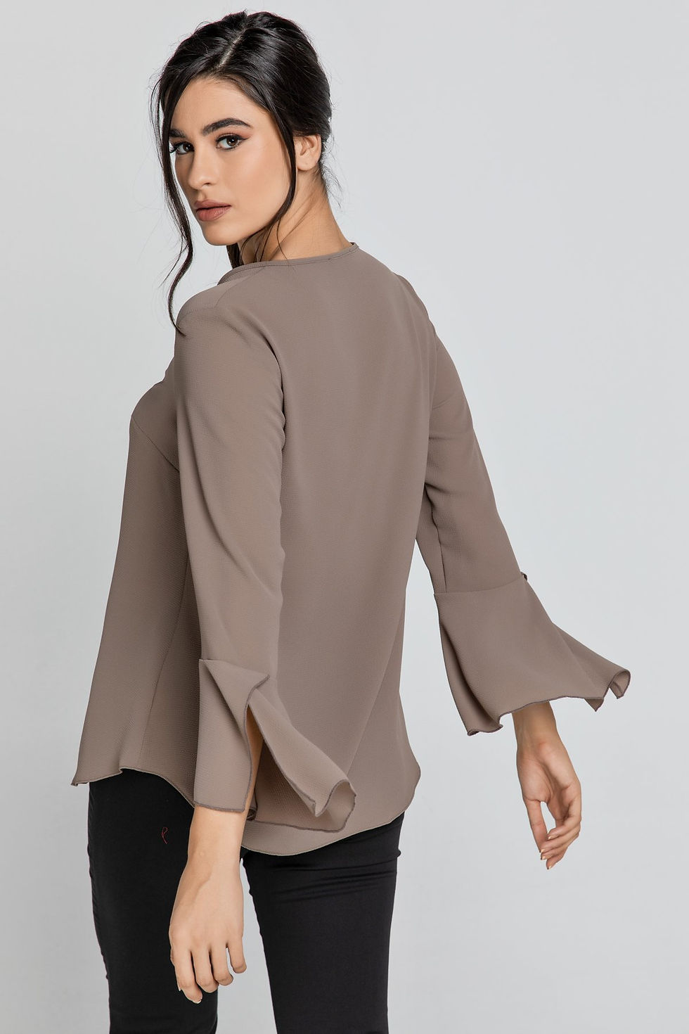 Thumbnail: Iron Brown Flounce Sleeve Top by Conquista