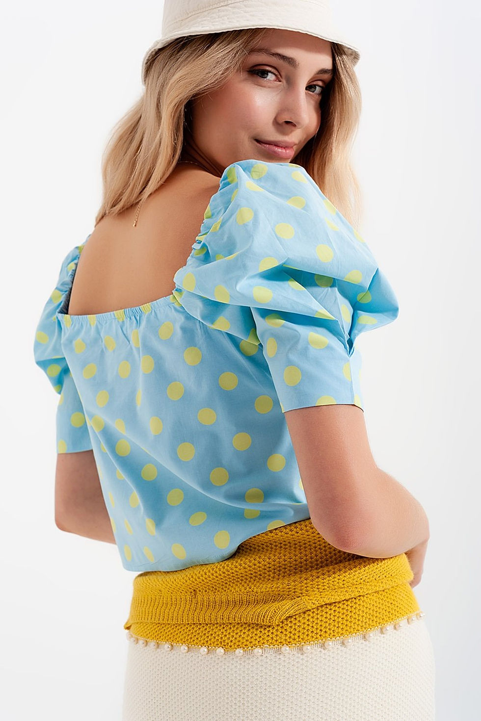 Thumbnail: Polka Dot Top With Puffed Sleeves and Square Neckline Blue and Green