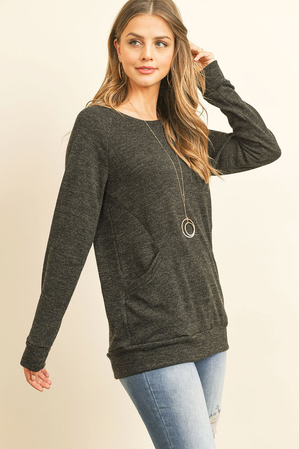 Thumbnail: Knit Front Pocket Long Sleeved Top