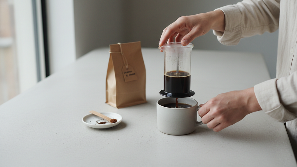 Vista a nivel de mesa con AeroPress y café preparado