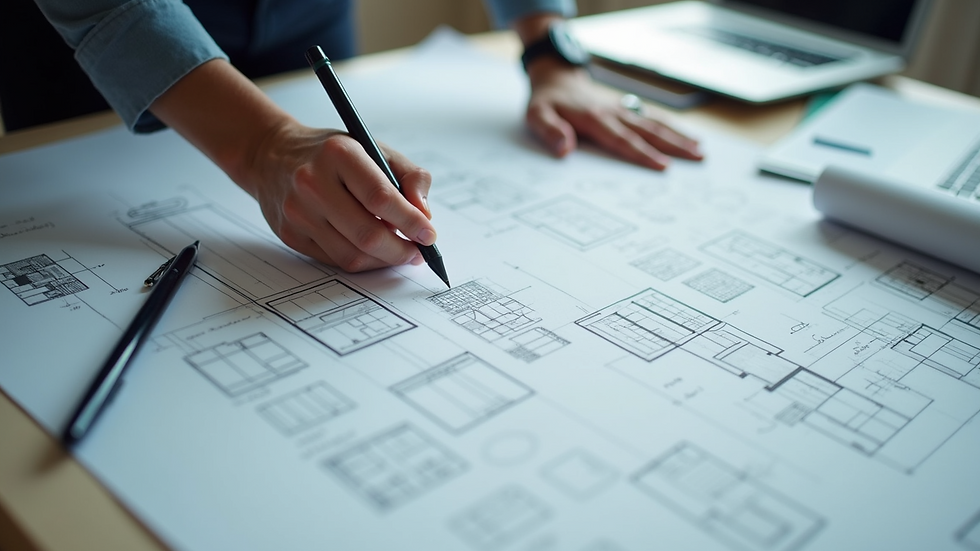 Close-up view of architectural blueprints and drafting tools on a desk