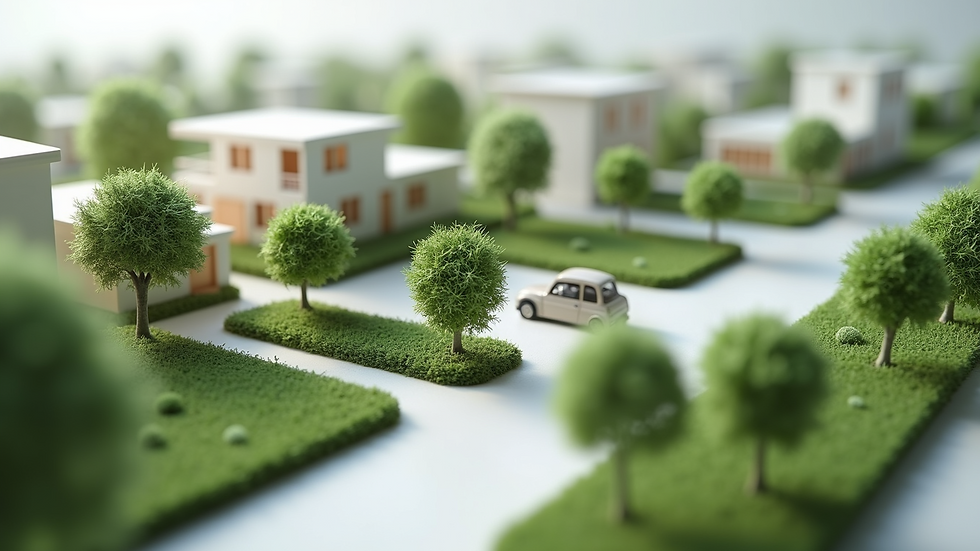 Close-up of an architectural model showcasing green spaces and urban design