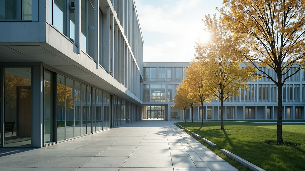 Eye-level view of a modern architectural institute building exterior
