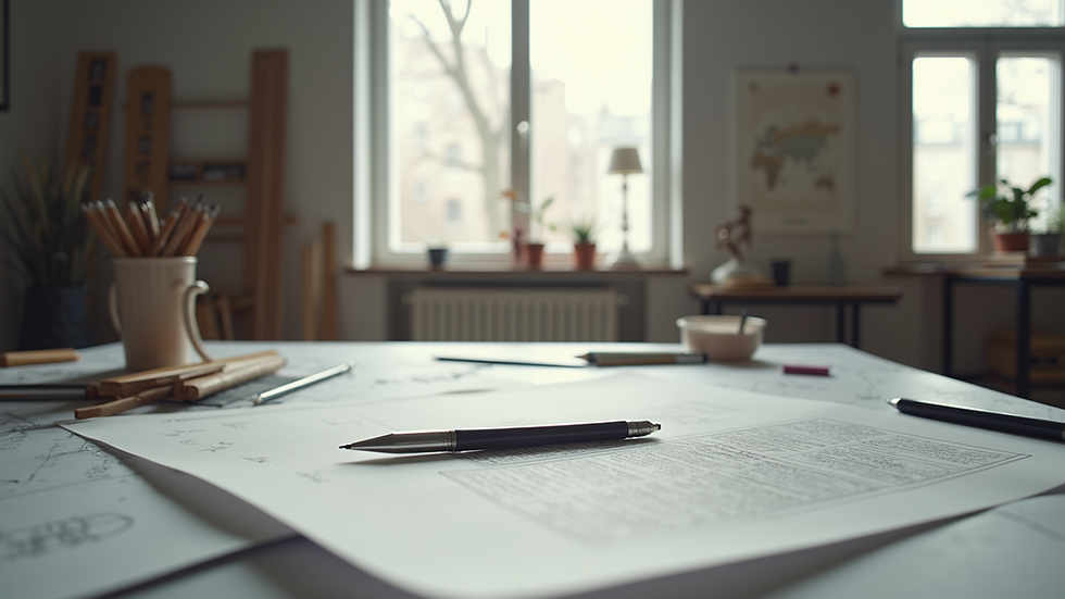 Eye-level view of a modern architecture studio with drafting tools