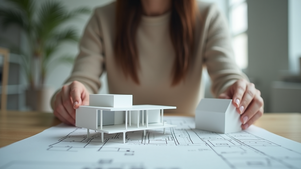 Close-up view of a student architect presenting a model