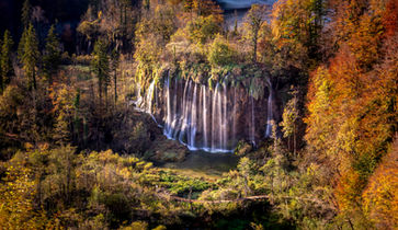 Scenic view of Plitvice Lakes with waterfalls and turquoise water