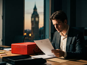 Young founder at a desk in a small London office at dusk reviewing a printed document, with a red ministerial despatch box and Elizabeth Tower blurred in the window behind