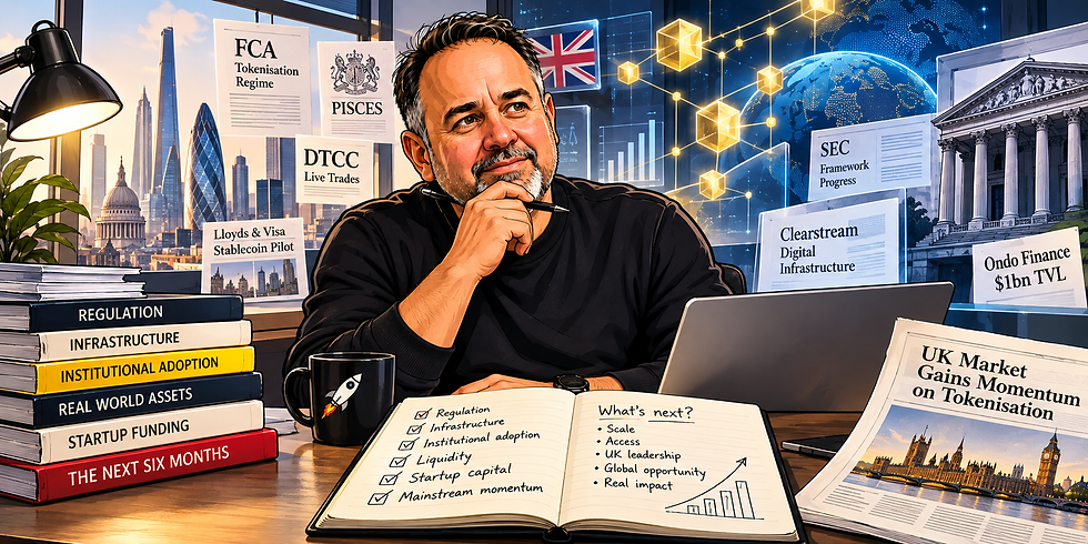 Shawn Jhanji reflects on six months of progress in tokenisation, surrounded by London’s financial skyline, blockchain networks, regulatory developments, institutional adoption and the future of digital asset markets.