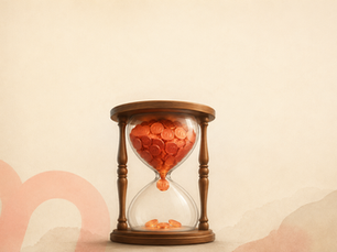 Editorial illustration of an elegant wooden and glass hourglass filled with glowing orange share tokens, with only one token passing through the narrow neck into an almost empty lower chamber. Set against a warm cream paper background with generous negative space, the conceptual image symbolises the slow release of Monzo shares, liquidity, investor access, and the pace of secondary market trading.