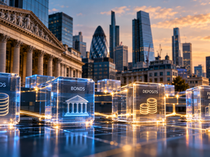Illustration of tokenised funds, bonds and deposits linked by blockchain above a London financial district