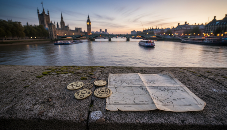 Wide-angle view of the River Thames with brass tokens on a paper map in the foreground.
