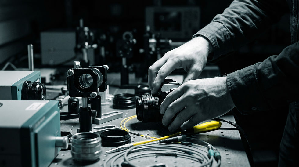 A researcher adjusting a compact camera on a laboratory bench among lenses and cables.