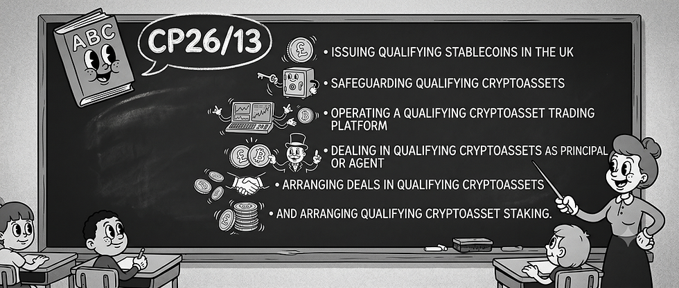What CP26/13 is about
The Financial Services and Markets Act 2000 (Cryptoassets) Regulations 2026, enacted in February 2026, brought a new set of regulated activities for cryptoassets into the FCA's perimeter from October 2027.
The seven regulated activities covered include:
issuing qualifying stablecoins in the UK
safeguarding qualifying cryptoassets
operating a qualifying cryptoasset trading platform
dealing in qualifying cryptoassets as principal or agent
arranging deals in qualifying cryptoassets
and arranging qualifying cryptoasset staking.