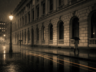 A moody street setting in financial district.
