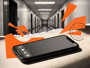 Photographic montage of a smartphone lying in a long hospital corridor, with torn paper edges and orange cut-out shapes