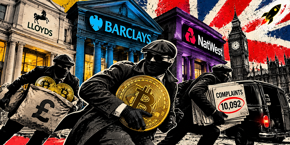 Great bank heist-style illustration showing masked figures escaping with Bitcoin coins and a file marked “10,092 complaints”, against Lloyds, Barclays and NatWest bank buildings and the London skyline, with a hidden TokenisingStartups rocket motif.