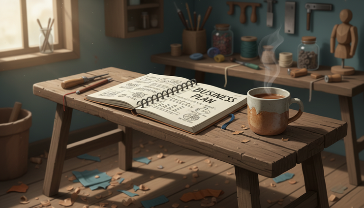 Close-up view of a handwritten business plan beside a mug in a rented workshop.