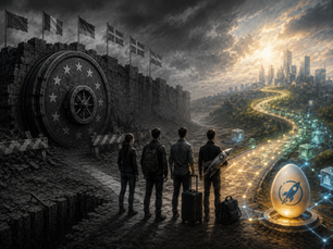 Conceptual illustration of Europe's startup funding crossroads, contrasting closed traditional venture capital with an illuminated tokenised finance pathway, representing blockchain infrastructure and the future of startup capital formation.