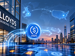 Lloyds Banking Group and Visa offices linked by a glowing USDC coin, with a payment route from the UK to the US