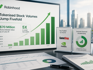 Real world assets on Robinhood Chain reached an active market value of about $70 million as of 25 July, a roughly fivefold jump from the low tens of millions of dollars the network held only two weeks earlier, according to onchain data reported by CoinDesk. The jump is one of the clearest signals yet that retail demand for tokenised versions of familiar public stocks can arrive quickly once a platform strips out the usual trading friction. Why it matters to UK founders and investors As the UK works through its own tokenisation plumbing, PISCES trading windows at the London Stock Exchange, Asset Match and JP Jenkins, the 54 firm Wholesale Digital Markets Taskforce chaired by Chris Woolard, and the FCA and Bank of England's shared roadmap for wholesale markets, Robinhood's numbers are a live external data point on demand elasticity. They show what happens when a tokenised trading venue removes friction: 24 hour access, fractional exposure and near instant settlement. Volume can sca