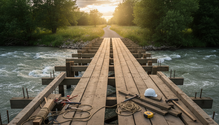 Eye-level view of a small bridge half-built across rough water towards a lit path beyond.