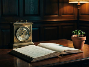 Antique clock and open leather ledger on a wooden desk in a quiet panelled study, with small seedlings in a pot beside them.
