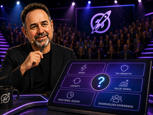 Quiz show host at a studio desk with a tablet showing tokenisation topics around a question mark