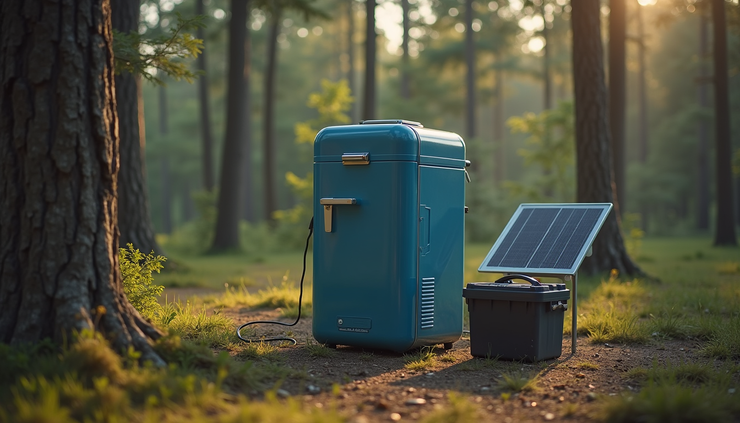 Eye-level view of a 12 volt camping fridge powered by a solar panel and battery setup in a forest campsite