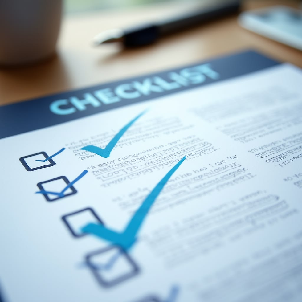 Checklist de documentos imobiliários conferidos, representando agilidade e eficiência