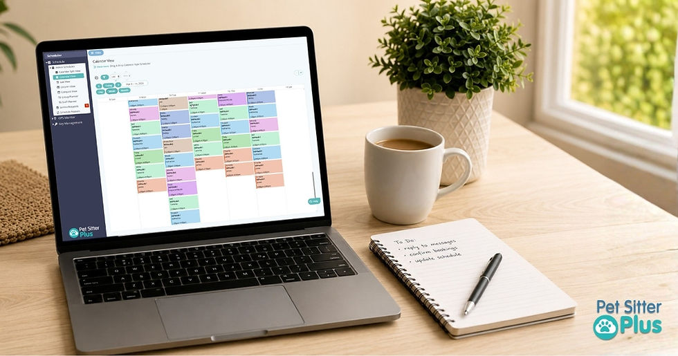 Pet Sitter Plus scheduling software displayed on a laptop alongside a notepad and coffee, representing streamlined pet care business management.