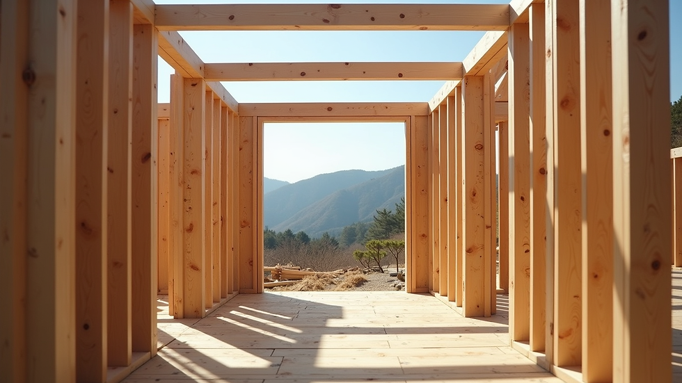 eye-level view of wooden house frame under construction in Jeju