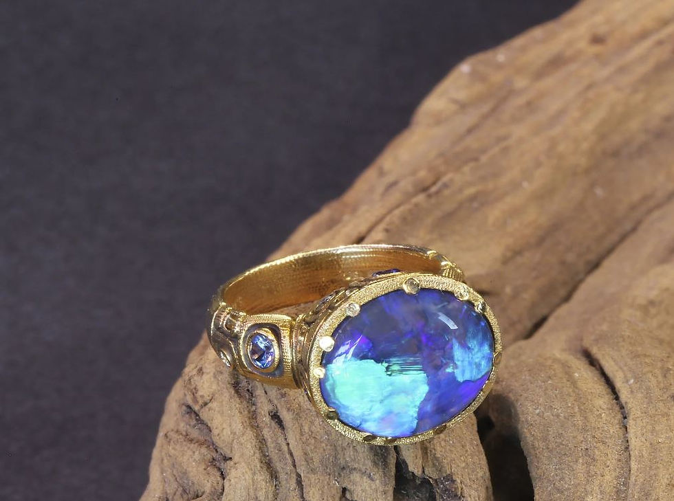 Thumbnail: Alex Sepkus Little Windows Oval Center Ring Set with Black Opal, Sapphires and Diamond ring.