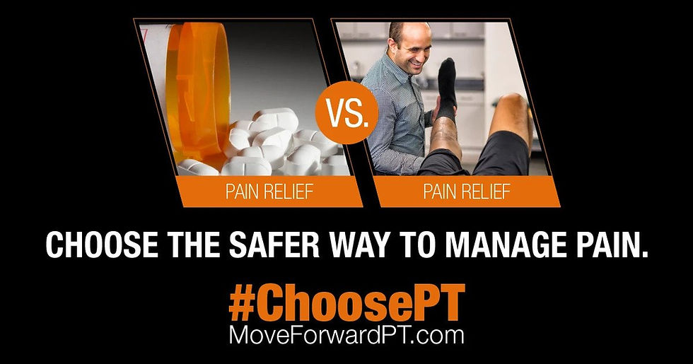 A bottle of spilled pills in one box, and an image of a physical therapist working with a patient in another box, with "vs" between them. Text reads "Choose the safer way to manage pain. #ChoosePT moveforwardpt.com"