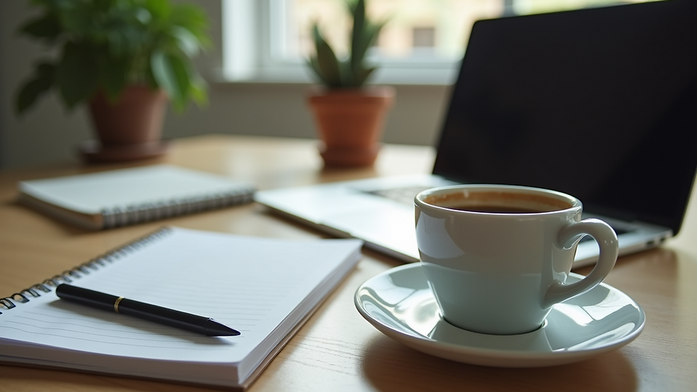 High angle view of a desk with a notebook and a cup of coffee beside a laptop