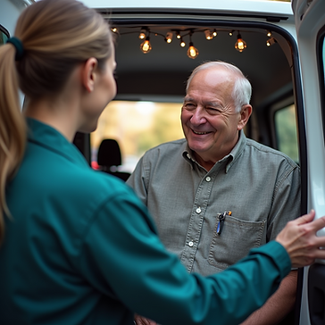 Smiling elderly man greeted by a woman at an open vehicle door.