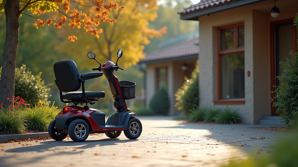 Close-up view of a mobility scooter parked near a community center entrance
