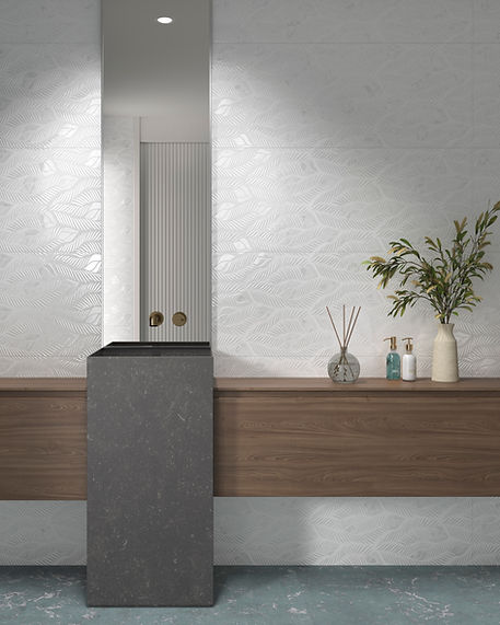 APAVISA - LEAVES_WHITE_GLOSSY_30x100_&_SISU_GREEN_LAPPATO_60x120_BATH.jpg