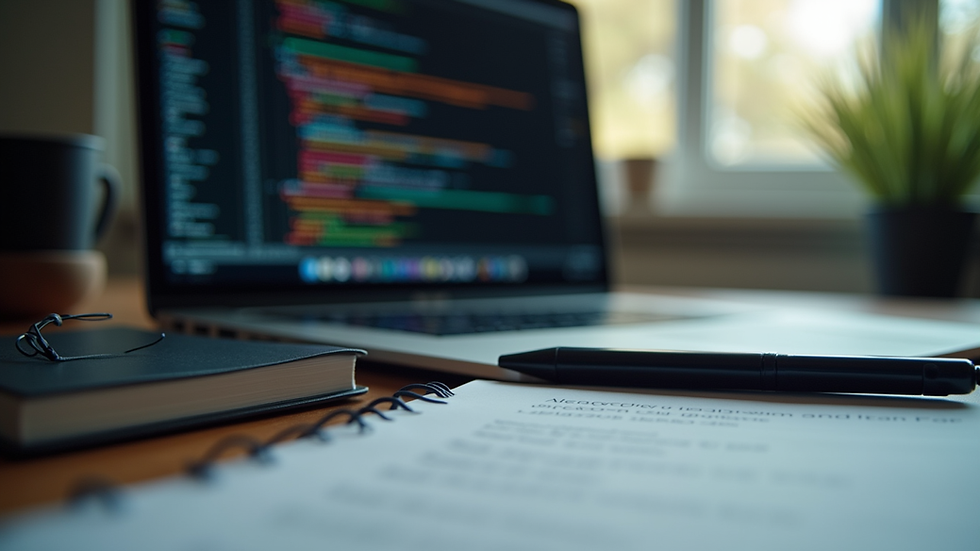 Eye-level view of a coding workspace with a laptop and notes