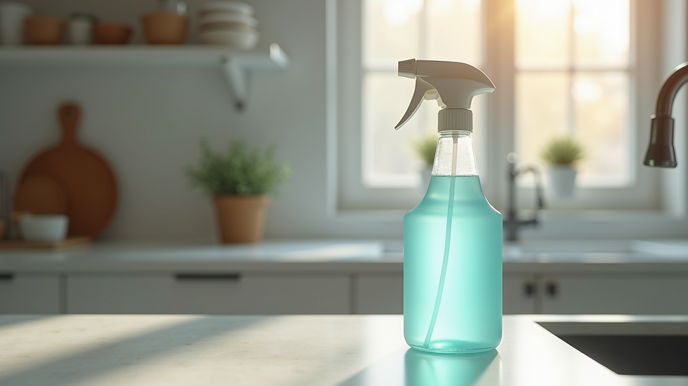 Close-up view of a disinfectant spray bottle on a kitchen counter