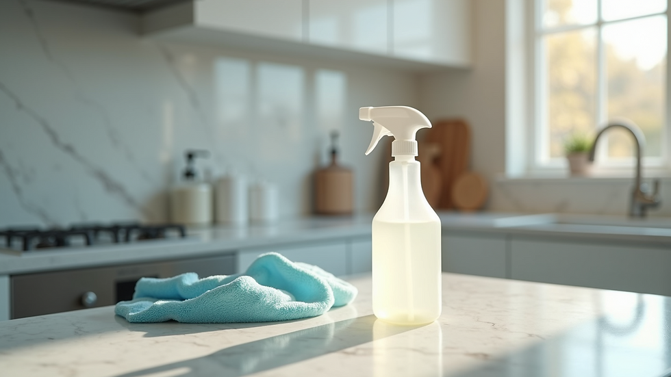 Eye-level view of a clean kitchen countertop with disinfecting spray and cloth