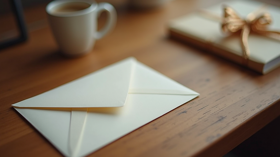 High angle view of a gift card and envelope on a wooden desk