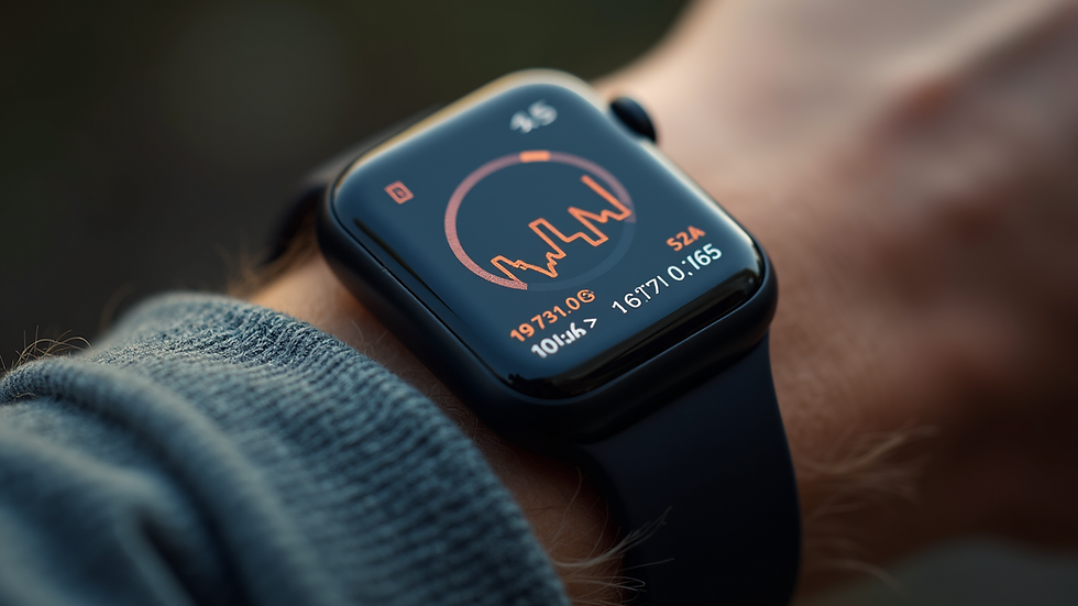 High angle view of a smartwatch displaying health metrics
