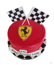 Ferrari-themed birthday cake decorated with red fondant, race car details, and a birthday topper.