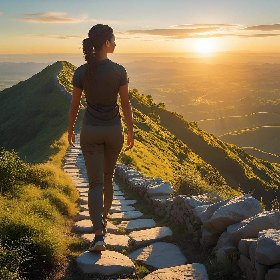 A person walks on a stone path along a grassy mountain ridge at sunset, with warm golden light casting long shadows across the landscape.