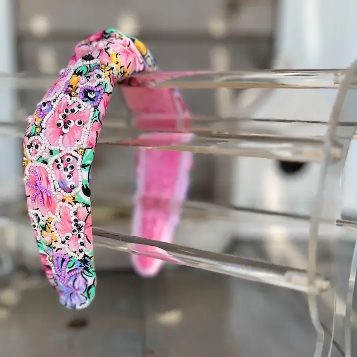 Purple Pink Floral Seed Beaded Top Knot Handmade Headband