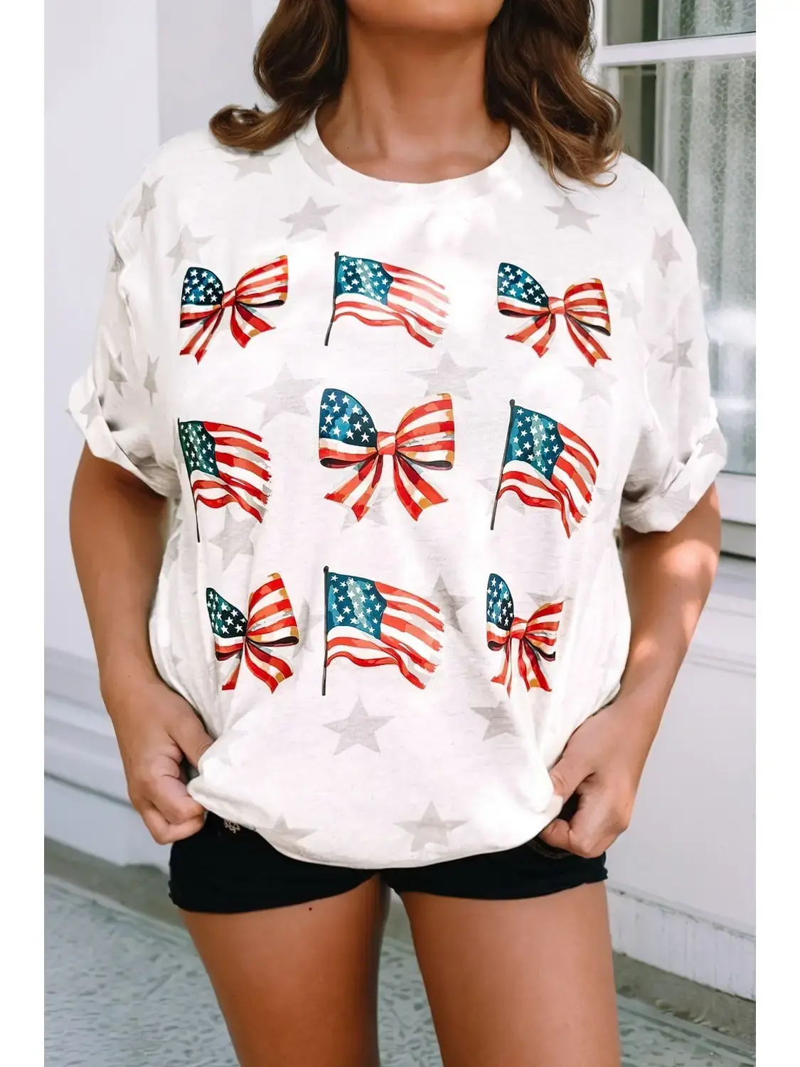 Patriotic Flag Bow Graphic Starry Round Neck T Shirt