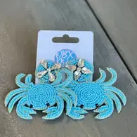 Blue Crab Seed Beaded Beachy Prep Dangle Earrings
