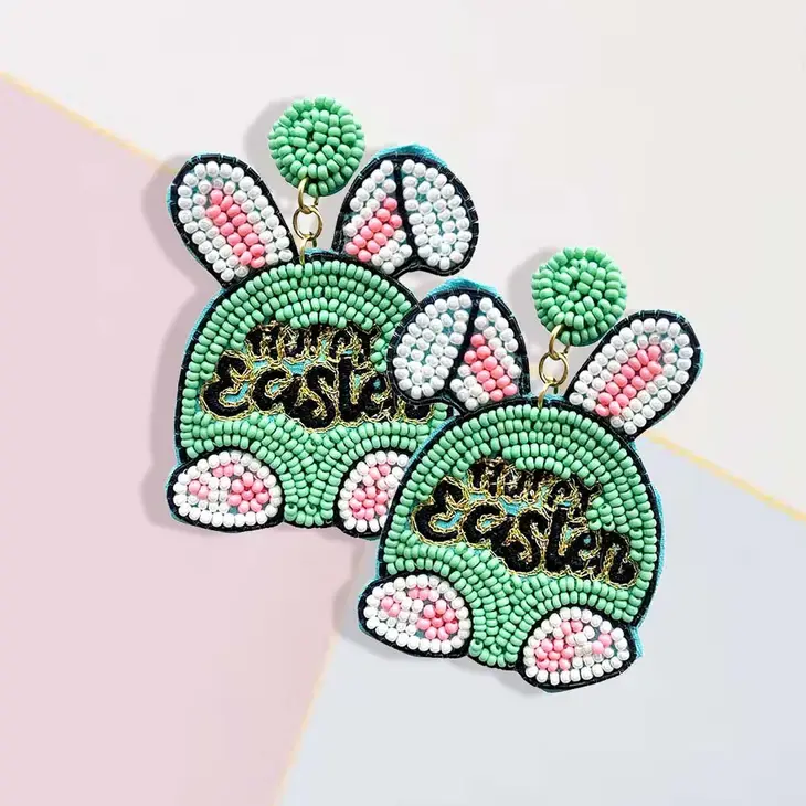 Happy Easter Bunny Ears Egg Seed Bead Dangle Earrings