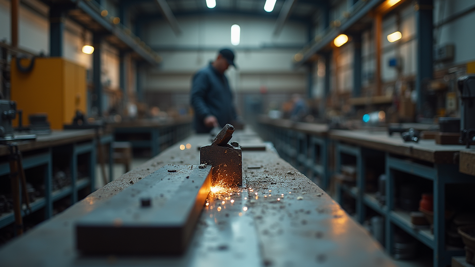 Close-up view of a steel fabrication workshop with various tools and equipment
