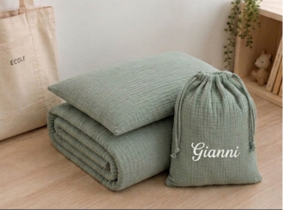 Kit Sieste Personnalisé Brodé Couverture Maternelle Double Gaze & Sherpa